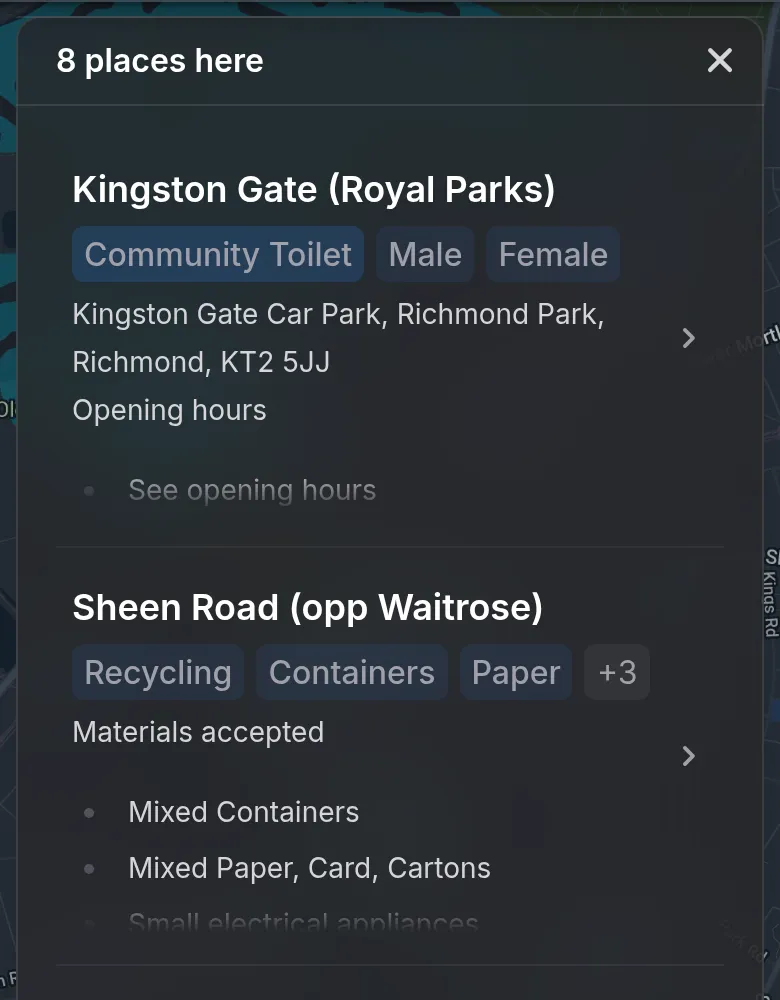 A list headed “8 places here”, showing a car-park toilet, a recycling point and a pub.