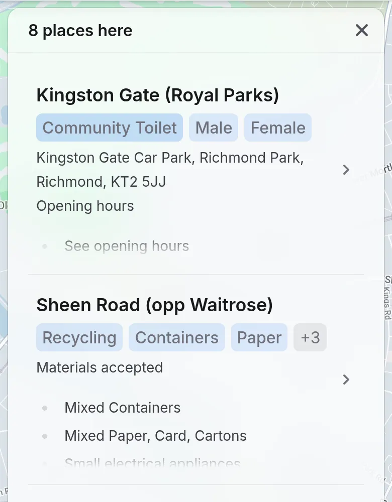 A list headed “8 places here”, showing a car-park toilet, a recycling point and a pub.
