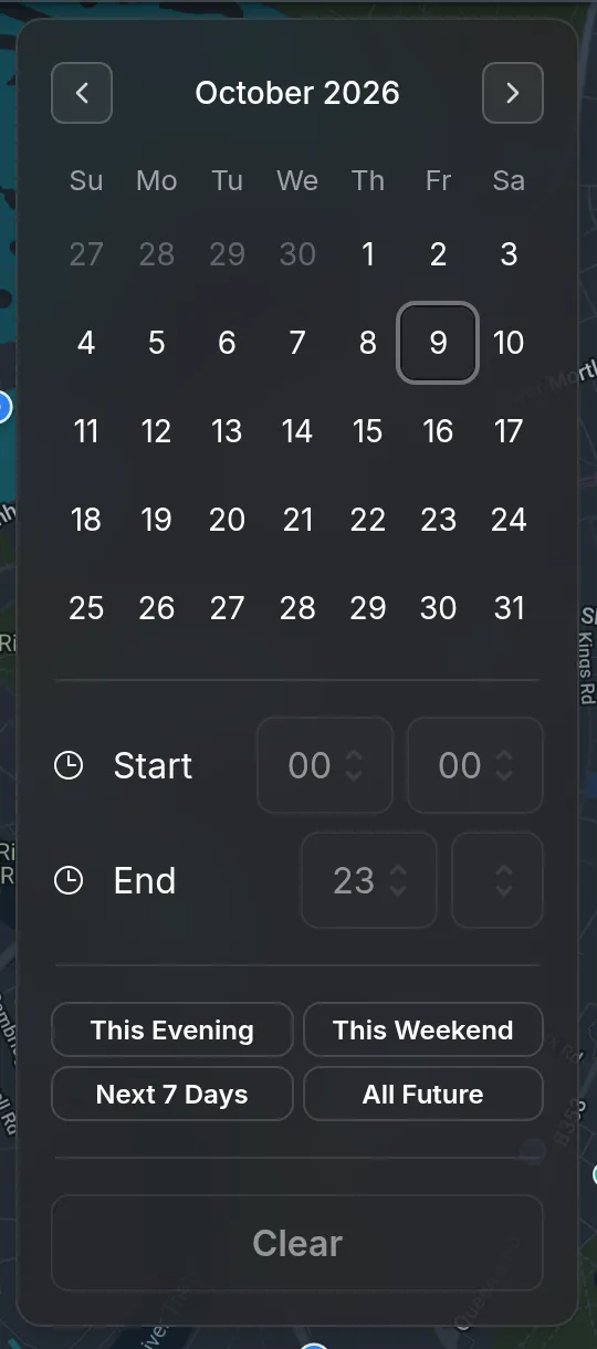 The date filter: a calendar, start and end times, and quick options such as This Evening and This Weekend.