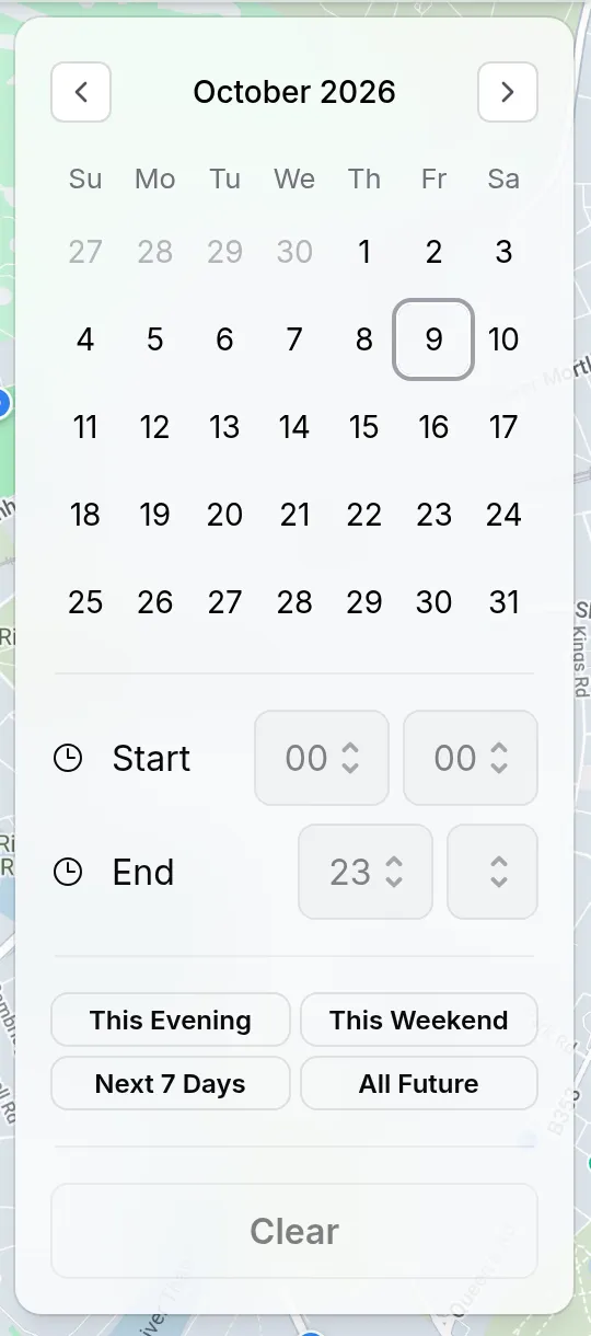 The date filter: a calendar, start and end times, and quick options such as This Evening and This Weekend.
