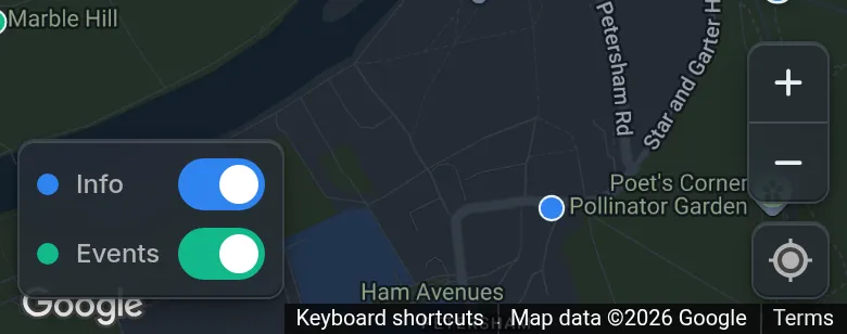 The Info and Events switches in the bottom-left corner of the map, both on.