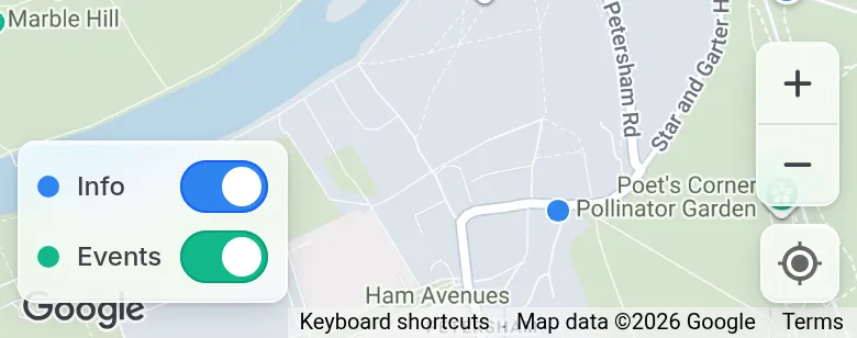 The Info and Events switches in the bottom-left corner of the map, both on.