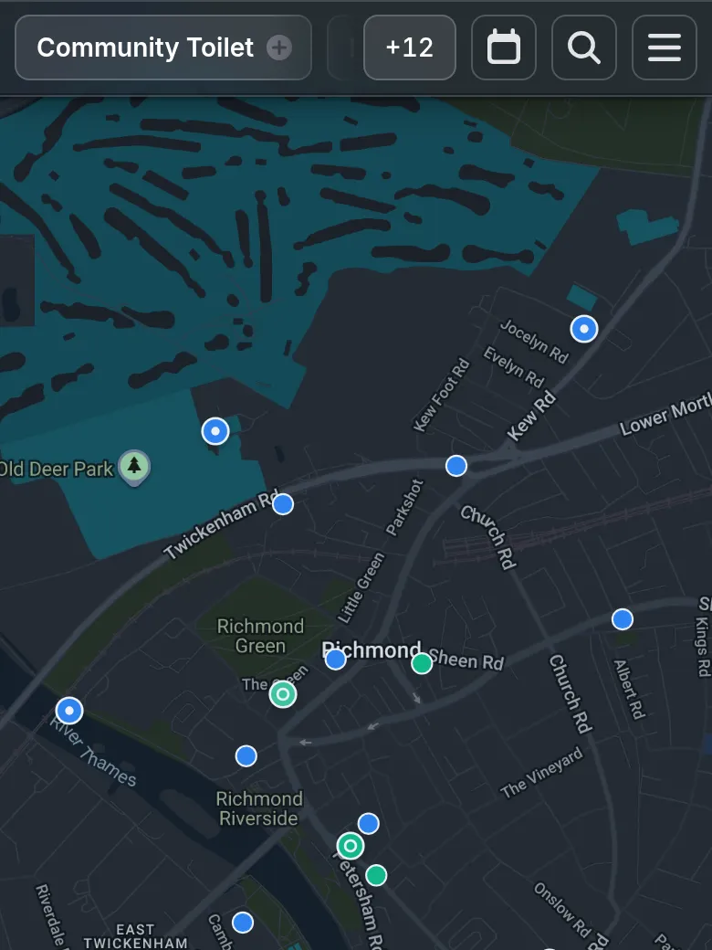 The Trupin map of Richmond, dotted with blue info pins and green event pins.