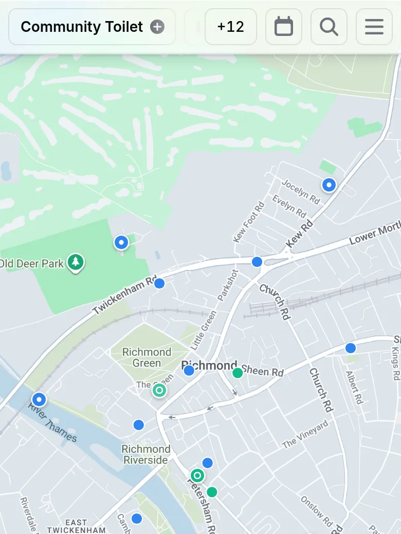 The Trupin map of Richmond, dotted with blue info pins and green event pins.