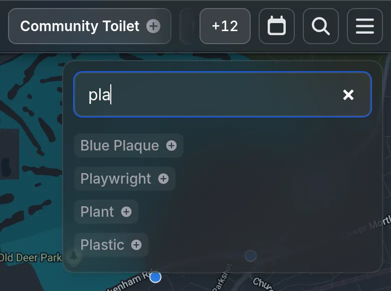 Searching “pla” suggests the tags Blue Plaque, Playwright, Plant and Plastic.