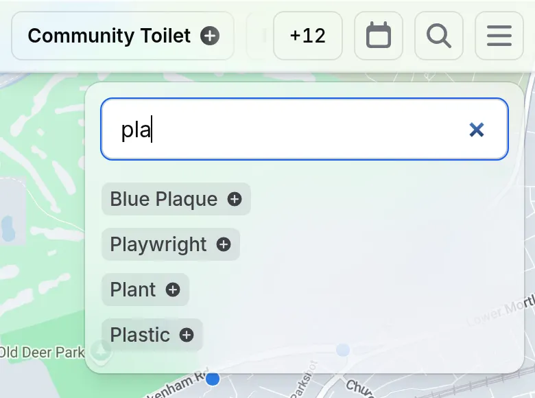 Searching “pla” suggests the tags Blue Plaque, Playwright, Plant and Plastic.